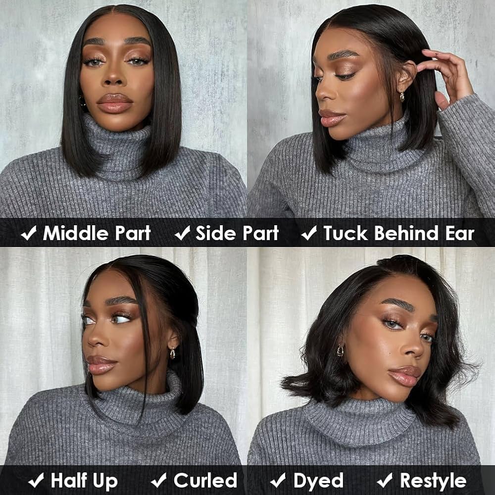 13x4 HD lace straight short bob wig in Natural Black