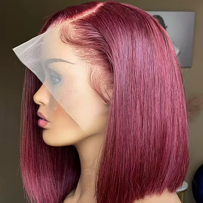 Wholesale 13AA Human Hair Full  Frontal lace Bob Wig 99J Burgundy Lace Frontal Human Hair Wig