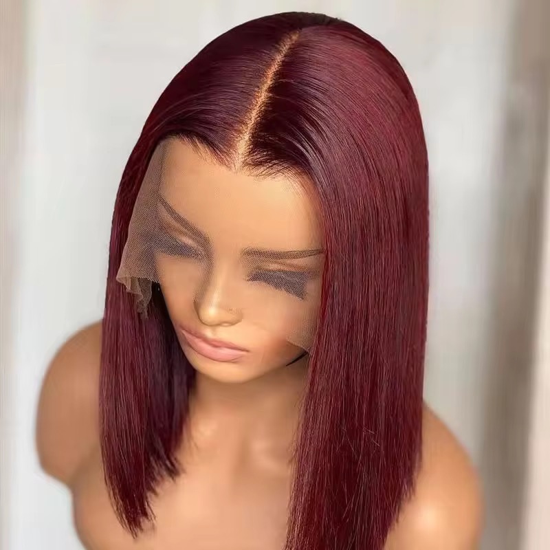 Wholesale 13AA Human Hair Full  Frontal lace Bob Wig 99J Burgundy Lace Frontal Human Hair Wig