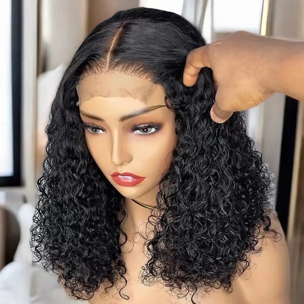 Wholesale 13AAA BOB 4x4 Glueless Curly Wig Human Hair 4x4 Water Curly Wigs bob Hair Single drawn