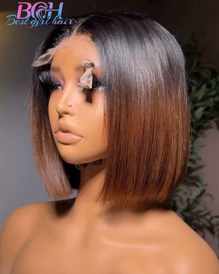 Wholesale Vietnamese 1B/#4 Human Hair Wigs Glueless 5x5 Bob Wigs Bone Straight Ombre two tone color