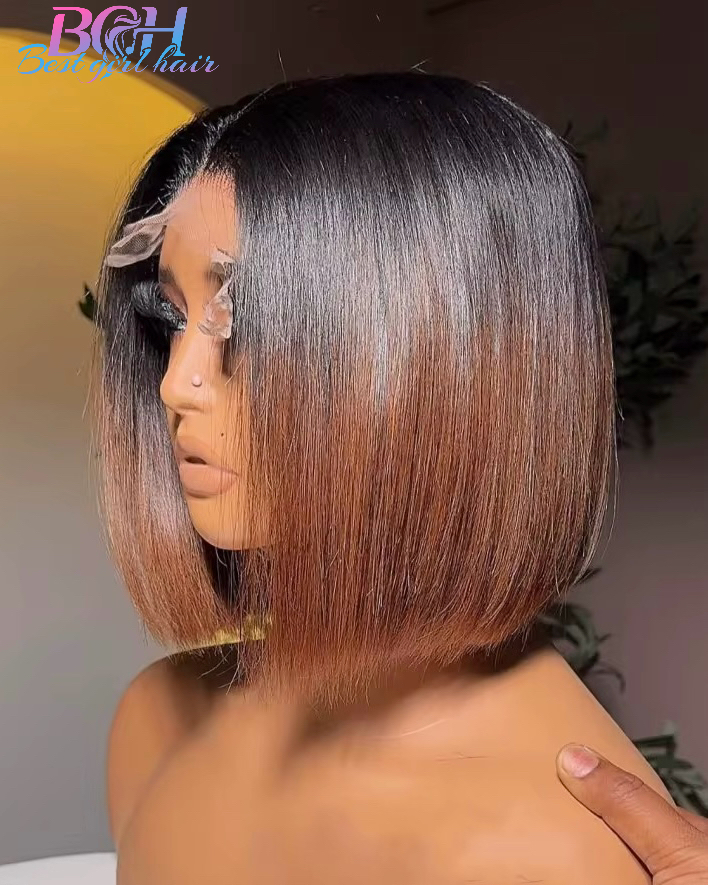 Wholesale Vietnamese 1B/#4 Human Hair Wigs Glueless 5x5 Bob Wigs Bone Straight Ombre two tone color