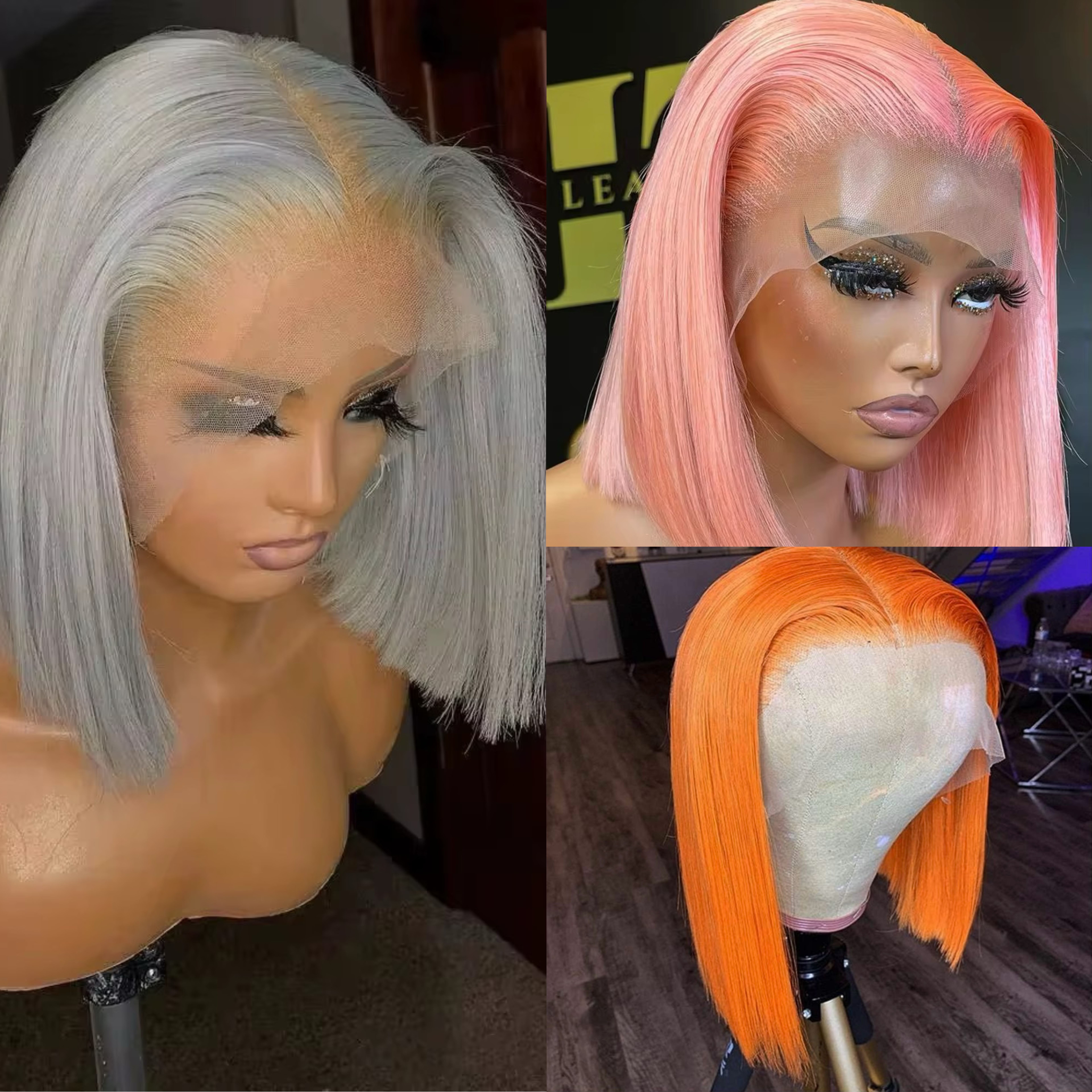 Wholesale Color 13x4 Brazilian Straight Lace Frontal Bob Wigs Grey & Pink & Orange Color Human Hair Full Lace Front bob Wig