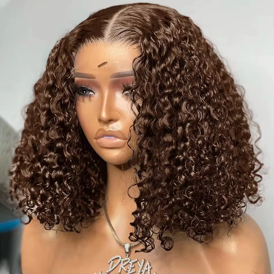 Wholesale 14AA BOB 5x5 SDD Color #4 Glueless Water Curly Wig Human Hair 5x5 Doube Drawn Brown Water Curly Wigs