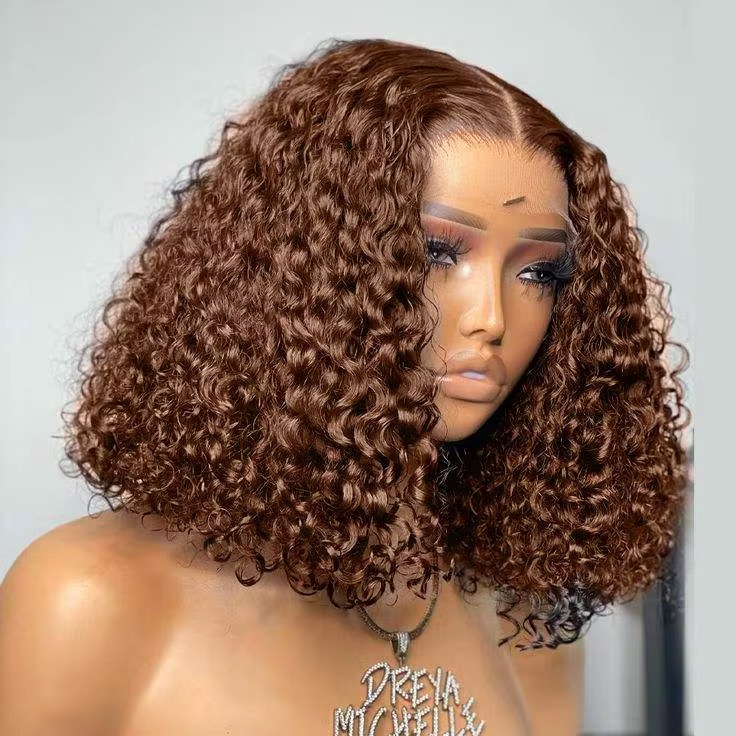 Wholesale 14AA BOB 5x5 SDD Color #4 Glueless Water Curly Wig Human Hair 5x5 Doube Drawn Brown Water Curly Wigs