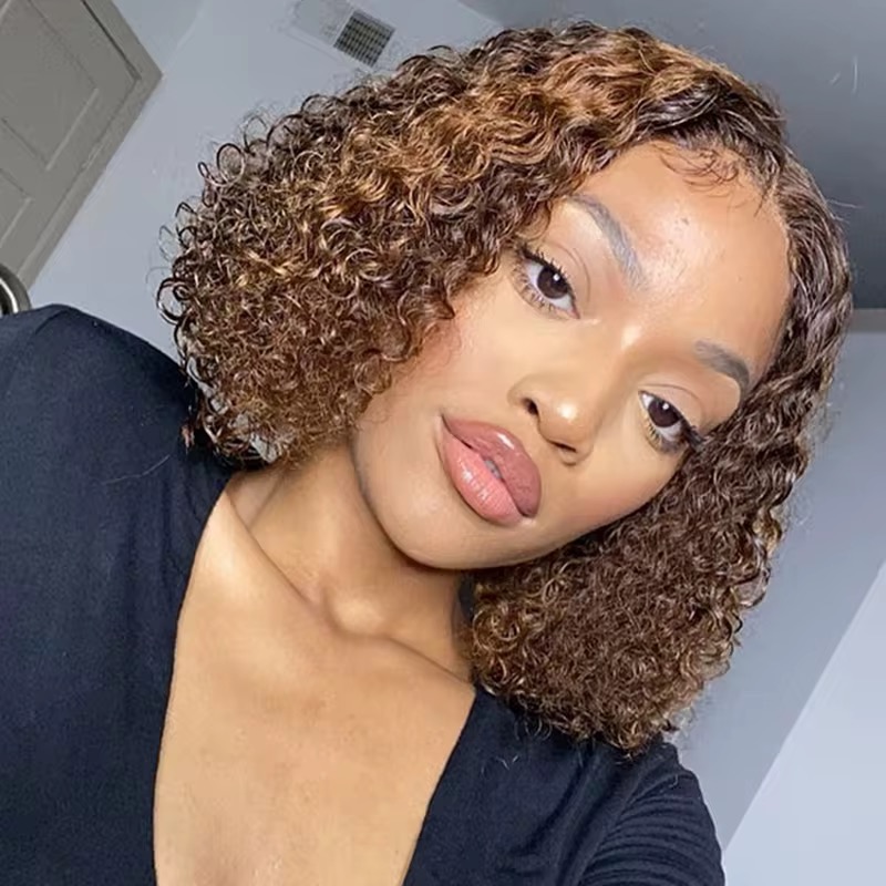 Wholesale 13AA Full frontal 13x4 Water Curly 4/27 Highlight Wave Short Bob Wig lace Front Human Hair 4/27 Water Curly Wigs