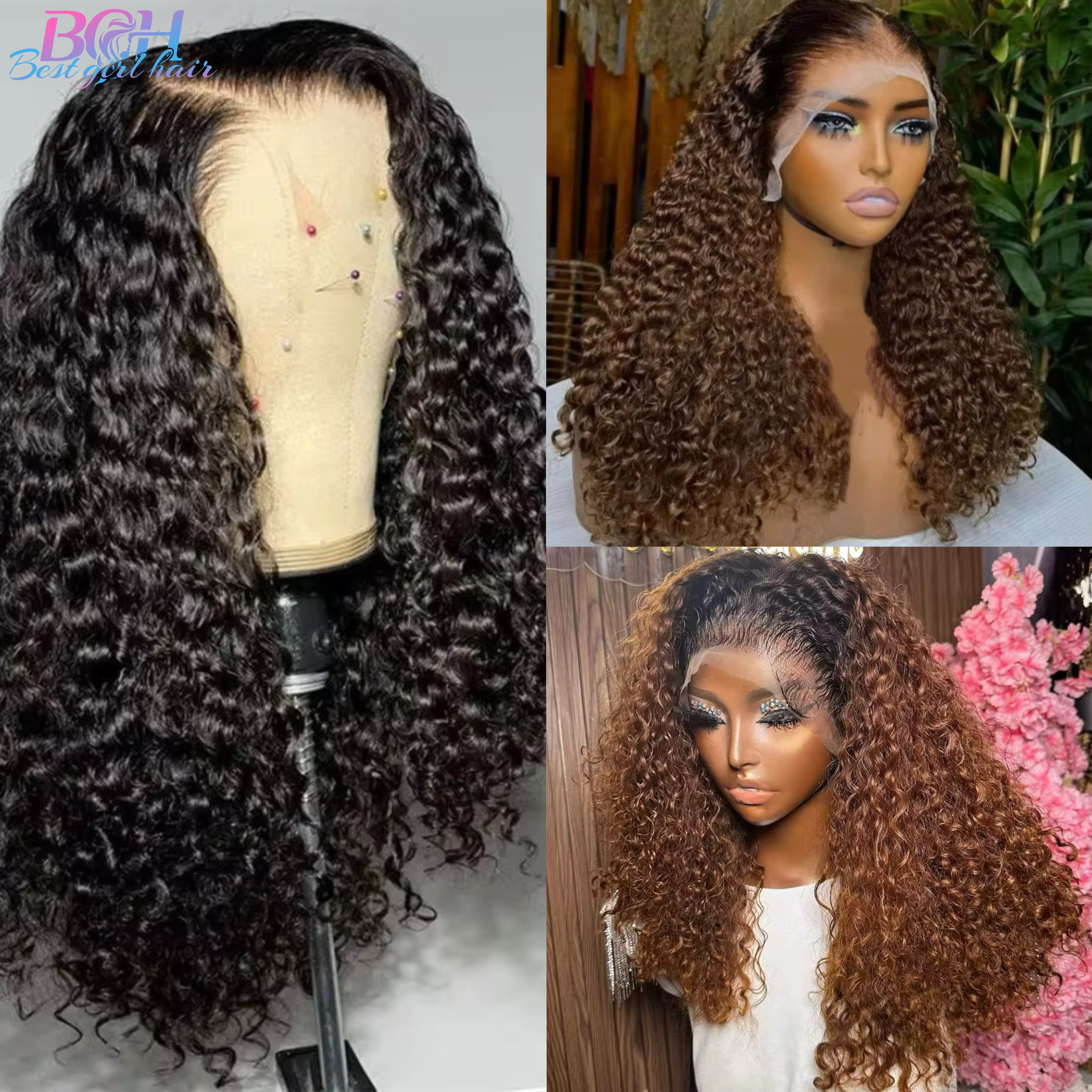 Wholesale 14A SDD 13x4 Water Curly Full Frontal Lace Wigs 13x4 Lace Full Frontal super double drawn Wigs Color Ombre & Black & Brown