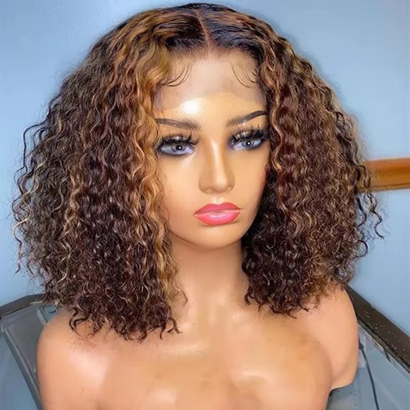 Wholesale 13AA Full frontal 13x4 Water Curly 4/27 Highlight Wave Short Bob Wig lace Front Human Hair 4/27 Water Curly Wigs