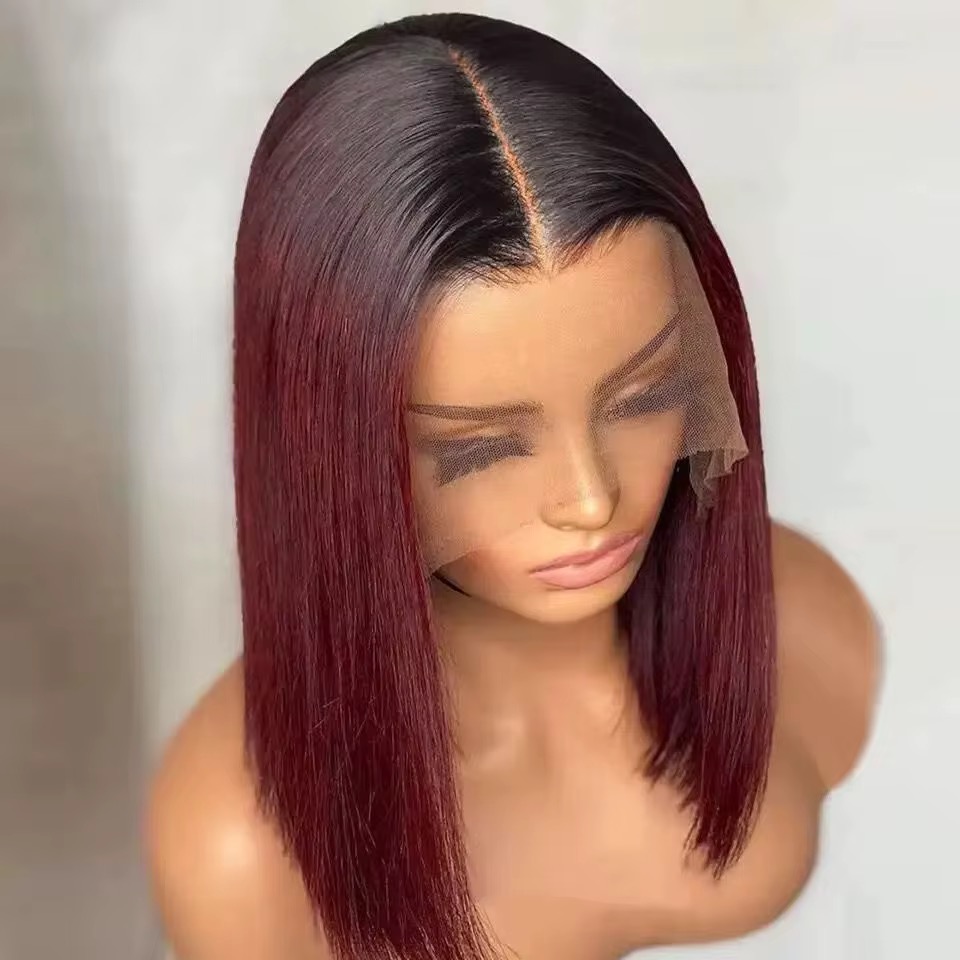 Wholesale 13AA Human Hair Full  Frontal lace Bob Wig 99J Burgundy Lace Frontal Human Hair Wig