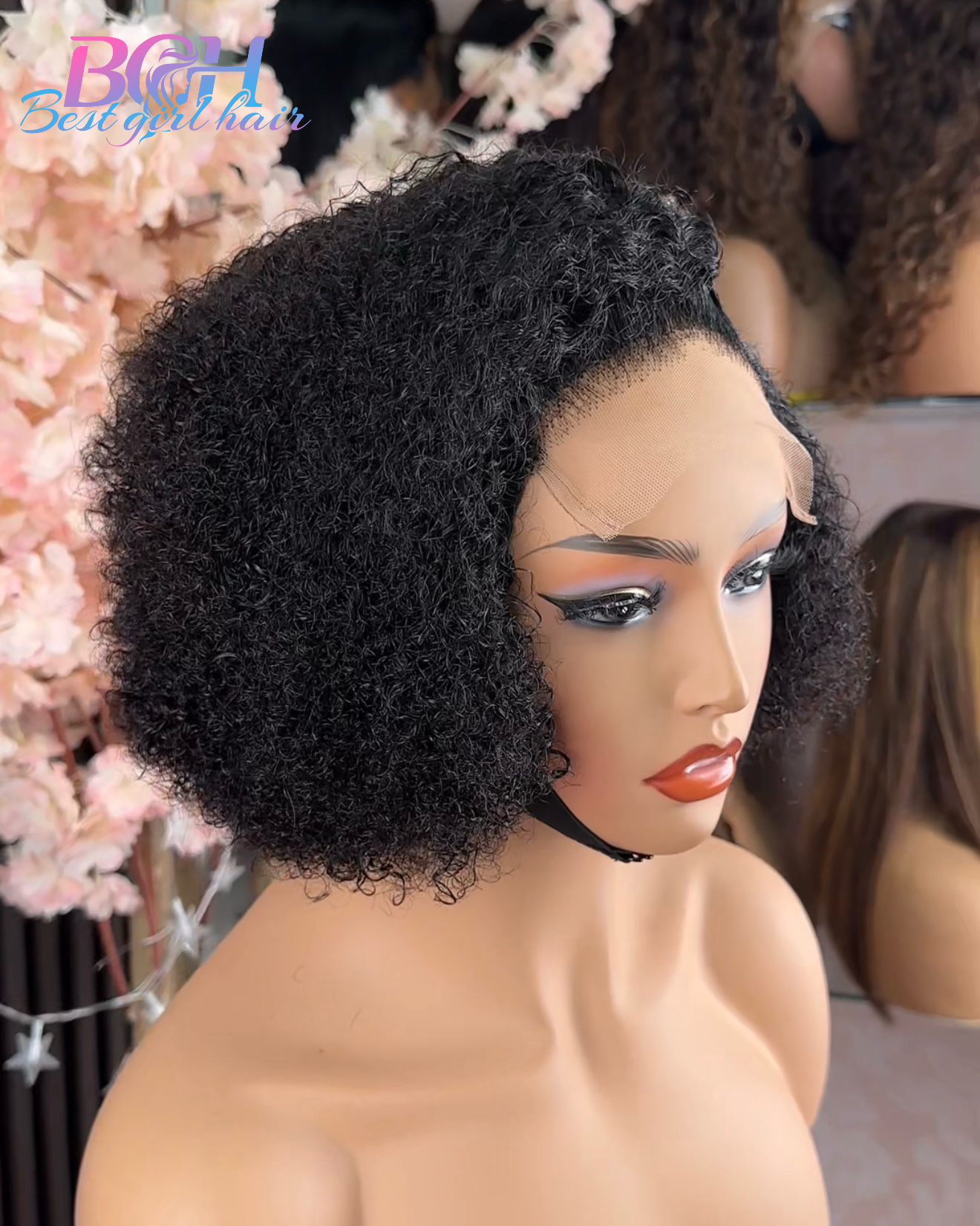 Wholesale Human Hair 5x5 8 INCH KINKY CURLY WIGS Glueless Kinky Curly Short Curly Wig