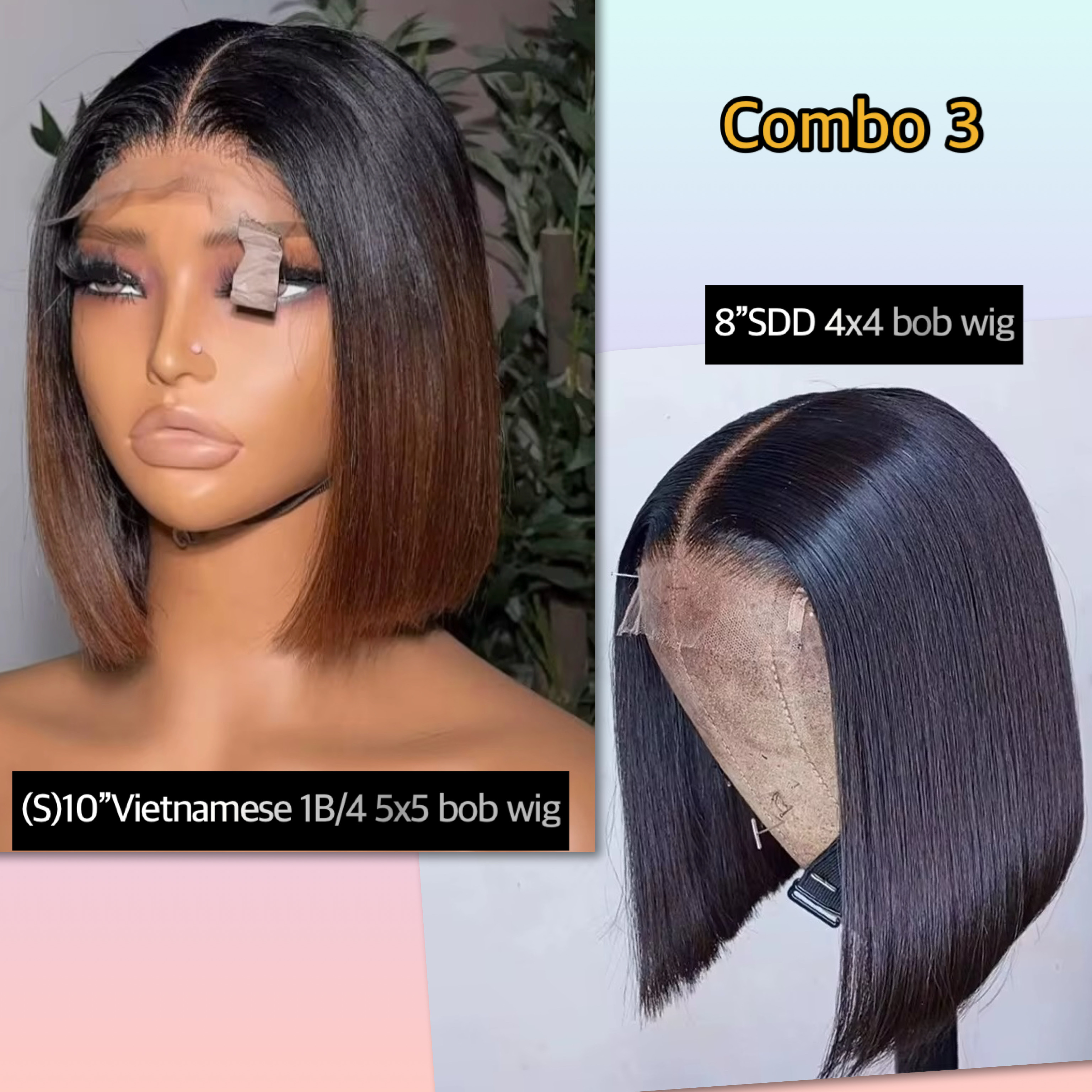 Combo Sale- Wholesale (s)Vietnamese 10 Inch 5x5 1B/4 Glueless Wig +14AA 8 Inch SDD 4x4 Straight Wig