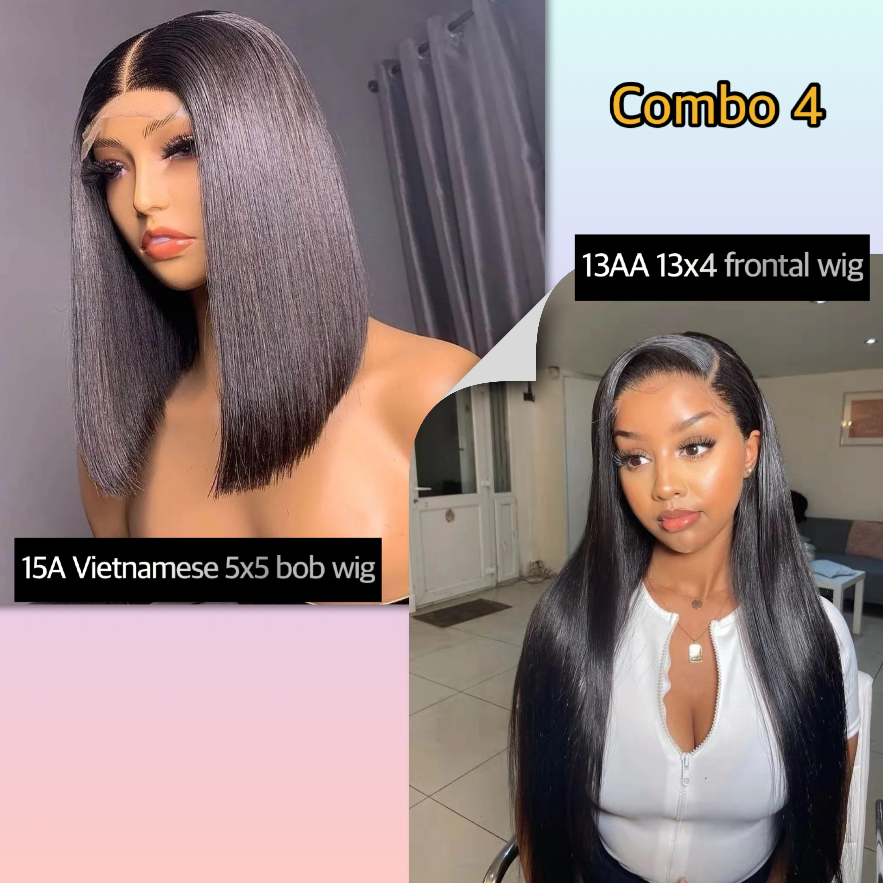 Combo Sale- Wholesale 15A Vietnamese 5x5 Glueless Bob Wig +13AA Straight Full Frontal 13x4 Wig