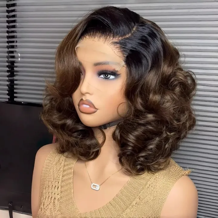 Wholesale Bouncy 4x4 12 Inch 1B/4 Glueless Wig Double Drwan Short Bouncy Curly Wig